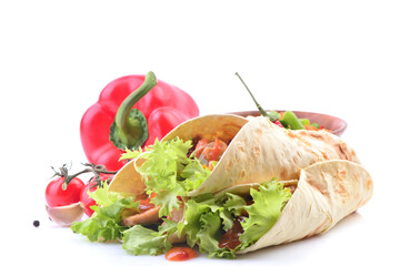 Mexican burrito with chicken and vegetables on a white background
