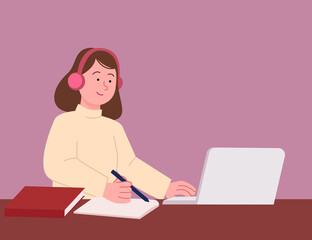 Girl Studying And Listening Music Flat Illustration