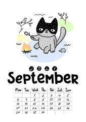 Calendar page with cute cat on white background. Wall monthly calendar or desk calendar 2021. September Month.