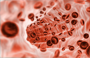 Human red blood cells stream in vein. 3d illustration.