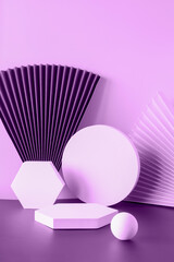 composition of geometric shapes, paper fans on a purple background