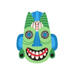 Ethnic tribal mask with huge eyes and wide smile. Traditional ritual symbol. Ancient african art. Flat vector illustration isolated on white background
