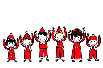 Group of smiling children raising hand, dressed as Santa Claus