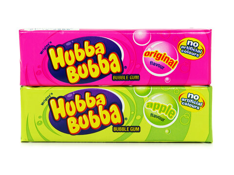 GALATI, ROMANIA - MAY 12, 2016. Hubba Bubba Bubble gum, apple and original flavour, by Wrigley, isolated on white