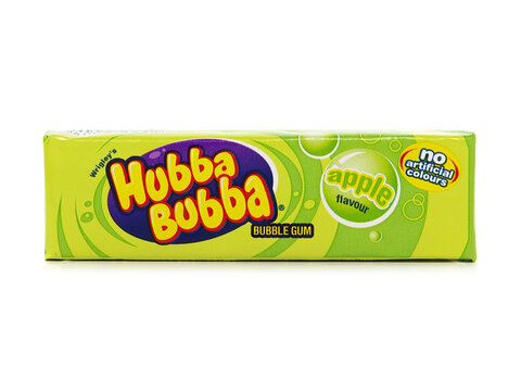 GALATI, ROMANIA - MAY 12, 2016. Hubba Bubba Bubble gum, apple flavour, produced by Wrigley, isolated on white