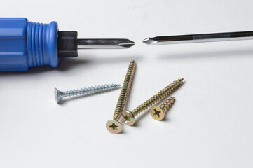 A small screwdriver and a few screws on a white background. close-up.
