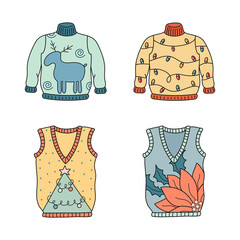 Cute hand drawn vector set of ugly Christmas sweaters isolated on white background. Funny holiday clothes elements template for design card, package, banner, print, fabric, label, advertising, textile