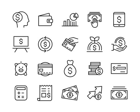 Money Icons. Editable Stroke. Vector Graphic