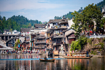 Scenery of old houses in Fenghuang City, Hunan Province, China. The ancient city of Fenghuang is regarded by UNESCO as a World Heritage Site.