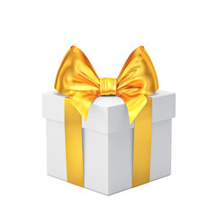 White gift box with golden ribbon and bow isolated on white