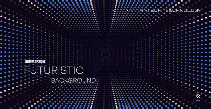 A tunnel of blue and yellow dots receding into the distance. A dark corridor made of triangular shapes. Background for futuristic objects. Technical design.