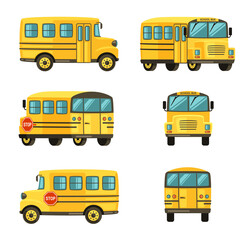 School bus from different angles. Yellow vehicle for transporting elementary schoolchildren cozy comfortable movement in modern safe car and travel educational excursions. Cartoon vector.