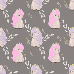 Seamless background with cute ponies. Decorative wallpaper for the nursery in the Scandinavian style. Vector. Suitable for children's clothing, interior design, packaging, printing.