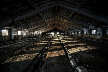 abandoned ruined former cowshed brick building with leaking roof and broken walls inner premises at...