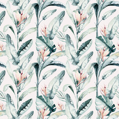 Tropisch naadloos patroon met flamingo. Aquarel tropische tekening, roze vogel en groen palmboom, tropische groene textuur, exotische bloem