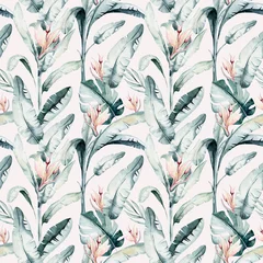 Tapeten Tropisches nahtloses Muster mit Flamingo. Aquarell tropische Zeichnung, Rosenvogel und Grünpalme, tropische grüne Textur, exotische Blume © kris_art
