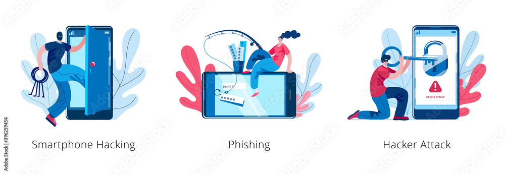 Poster a hacker girl is engaged in phishing on a smartphone. hackers open the smartphone. a set of vector i