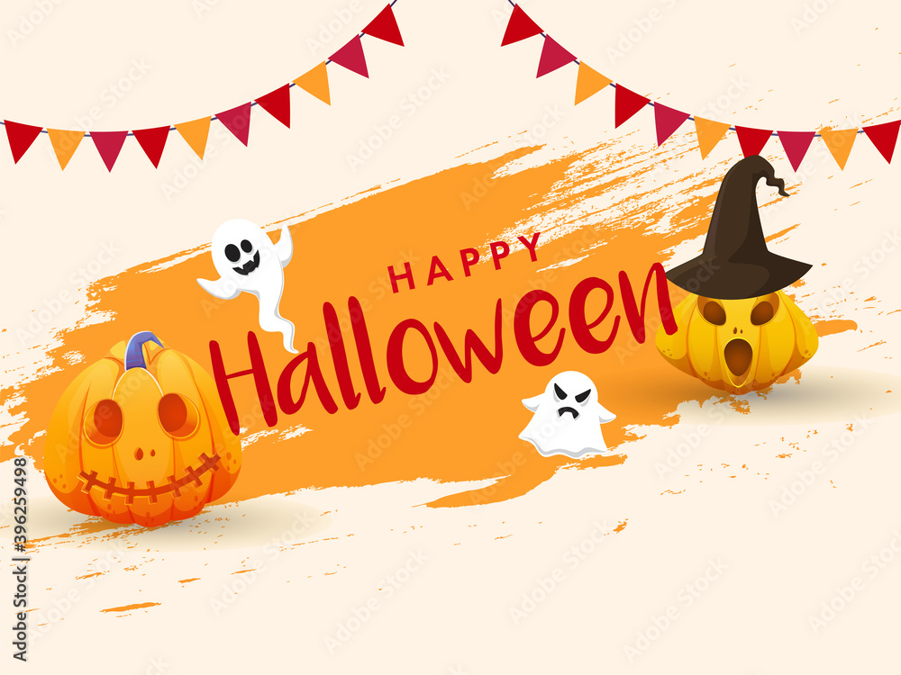 Canvas Prints happy halloween text with funny ghosts, jack-o-lanterns, bunting flag and yellow brush stroke effect