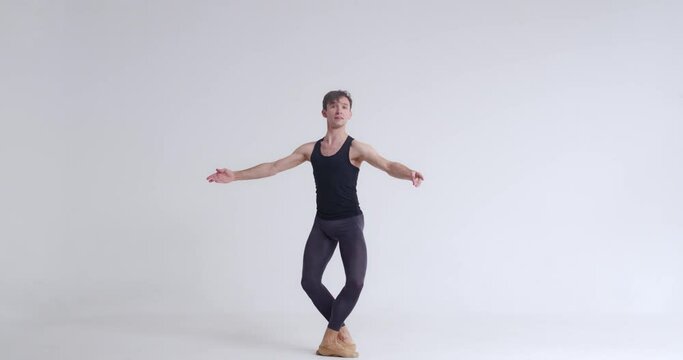 Elegant male, ballet dancer performs acrobatic elements and pirouette, ballet dance on a white background, 4k 50fps.