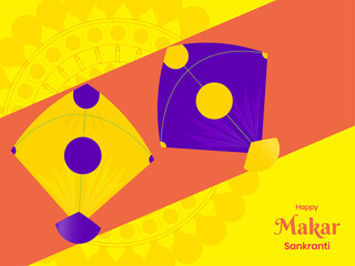 Happy Makar Sankranti Font With Two Kites On Yellow And Orange Background.
