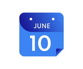June 10 Date on a Single Day Calendar in Flat Style, 10 June calendar icon