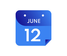 June 12 Date on a Single Day Calendar in Flat Style, 12 June calendar icon