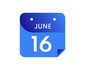 June 16 Date on a Single Day Calendar in Flat Style, 16 June calendar icon