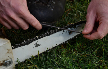 grinding the chainsaw chain with a round file at the right angle of the cutting and cutting teeth...