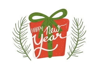 hand drawn red gift box with happy new year text. vector doodle