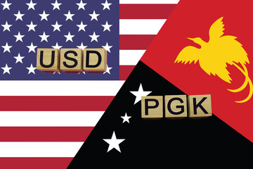 USA and Papua New Guinea currencies codes on national flags background
