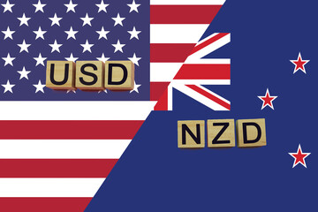 USA and New Zealand currencies codes on national flags background