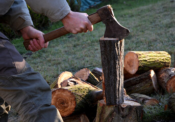 camping skills father with son. chopping wood log from willow in autumn. the father shows with an ax what can happen like cutting off an arm, fingers, foot. in the background wooden beehives with bee