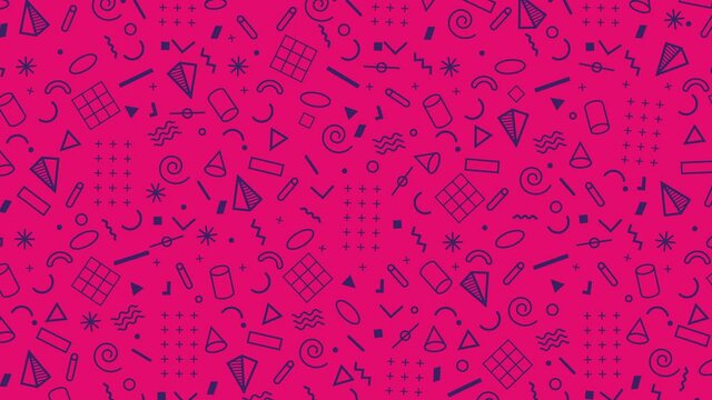 Abstract 4k animation of a retro pattern background with geometrical shapes and lines. 80s 90s Memphis style. Magenta and blue color palette.