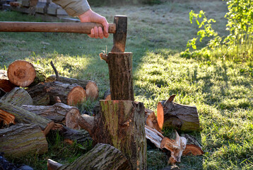 camping skills father with son. chopping wood log from willow in autumn. the father shows with an ax what can happen like cutting off an arm, fingers, foot. in the background wooden beehives with bee