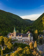 Lillafured, Hungary - Aerial view of the famous Lillafured Castle in the mountains of Bukk near Miskolc on a sunny summer morning with clear blue sky