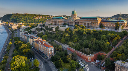 Fototapeta na wymiar Budapest, Hungary - Aerial view of the beautiful Buda Castle Royal Palace with Hungarian Citadel at background on a sunny summer afternoon