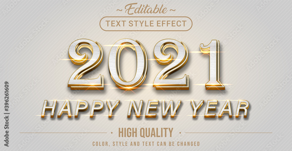 Aufkleber happy new year 2021 with white and gold text effect color - editable text effect.