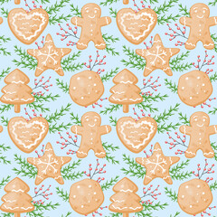 Hand drawn vector cute cartoon seamless pattern illustration with Merry Christmas and Happy New Year cookies for baby fabric.