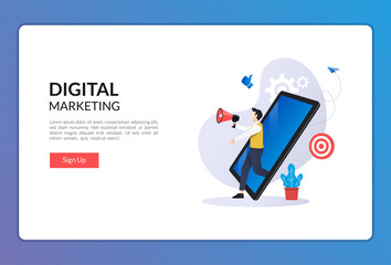 Landing page template of digital marketing concept. man uses megaphone symbol vector illustration.