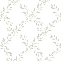 Seamless Pattern Of Green Eucalyptus Leaves on white background. Vintage Repeat pattern. 