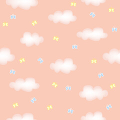 Seamless pattern with clouds and butterflies, pink background
