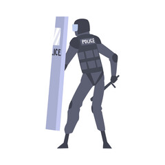 Riot Police Officer in Uniform with Shield and Baton Controlling Mass Protest Vector Illustration