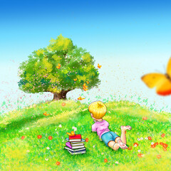 Blumen blauer Himmel Schmetterlinge Junge liegt barfuß schaut zu Insekten fliegen Bücher Stapel bunte Wiese Rasen Gras Sommer Sonne Regenbogen Liebe Natur