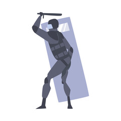 Riot Police Officer in Uniform with Shield and Baton Controlling Mass Protest Vector Illustration