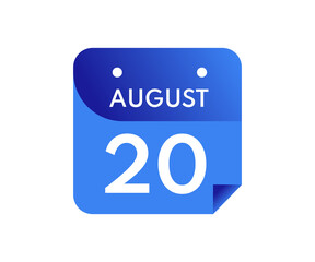 August 20 Date on a Single Day Calendar in Flat Style, 20 August calendar icon