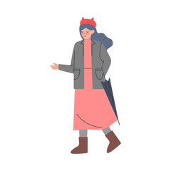 Smiling Girl with Umbrella Walking Along the Street Vector Illustration