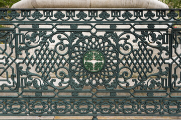 detail of the cast iron decorations on a balcony in the old town of Porto, Portugal