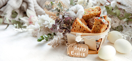 Happy Easter composition with pieces of Easter cake in a decorative basket.