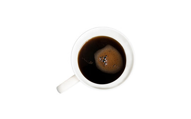 Mug with strong black coffee with foam, on an isolated white background, top view, copy space