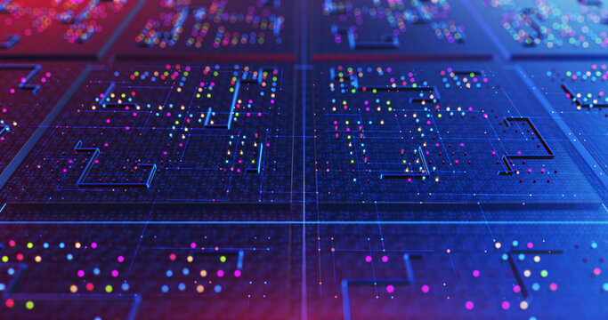 High Tech Futuristic AI Processor. Processing Data In Real Time. Artificial Intelligence. Computer And Technology Related 3D Illustration Render